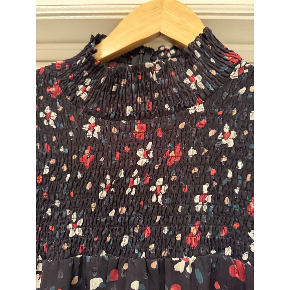 Paper Parachute Dress Womens XS Navy Floral Smocked Mock Neck Ruffle Tiered Midi - Picture 7 of 10